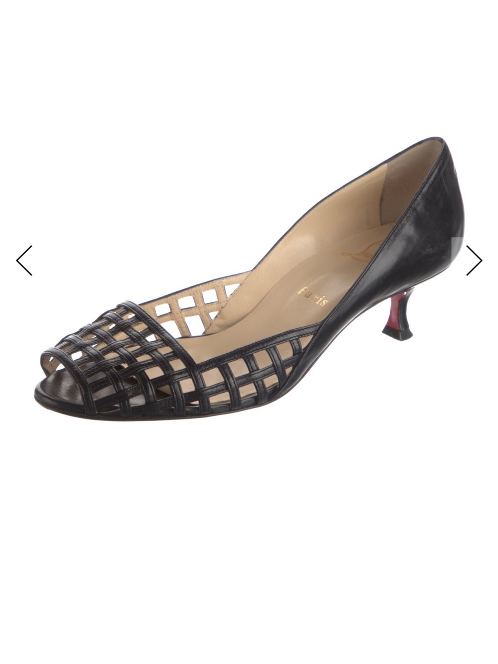 Christian Louboutin Black Woven Peep-Toe Low Heel Pump with Red Sole Accent